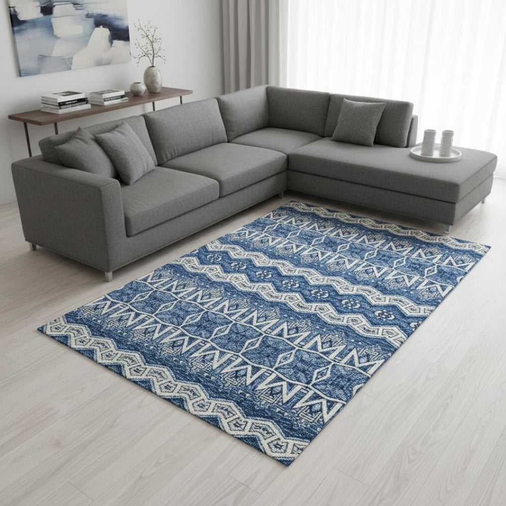 HomeRoots 10' X 14' Blue Beige Ivory Moroccan Area Rug - Washable, UV Protected, Durable & Stylish for Homes 672248