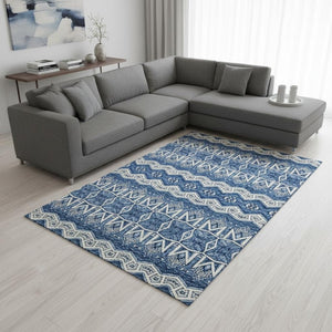 HomeRoots 10' X 14' Blue Beige Ivory Moroccan Area Rug - Washable, UV Protected, Durable & Stylish for Homes 672248