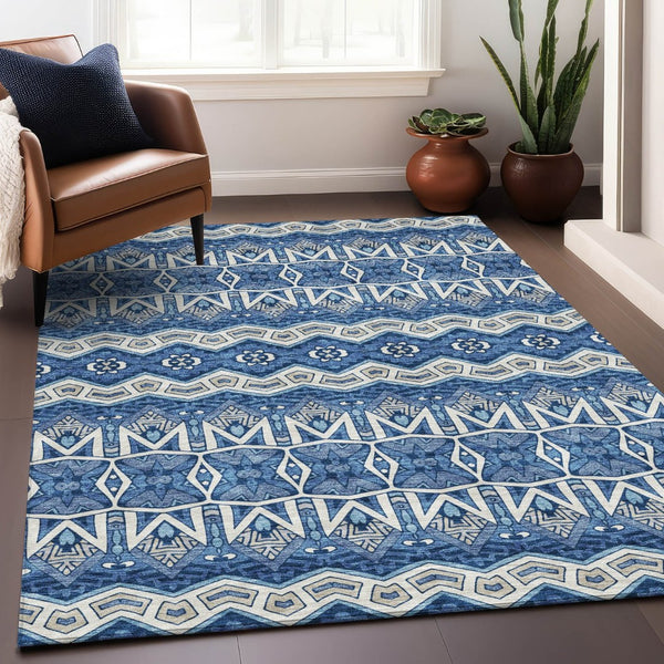 HomeRoots 10' X 14' Blue Beige Ivory Moroccan Area Rug - Washable, UV Protected, Durable & Stylish for Homes 672248