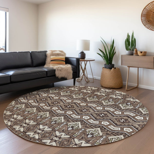 HomeRoots 8' Brown And Beige Moroccan Round Rug - Washable, UV Protected, Durable & Ideal for Busy Homes 672251