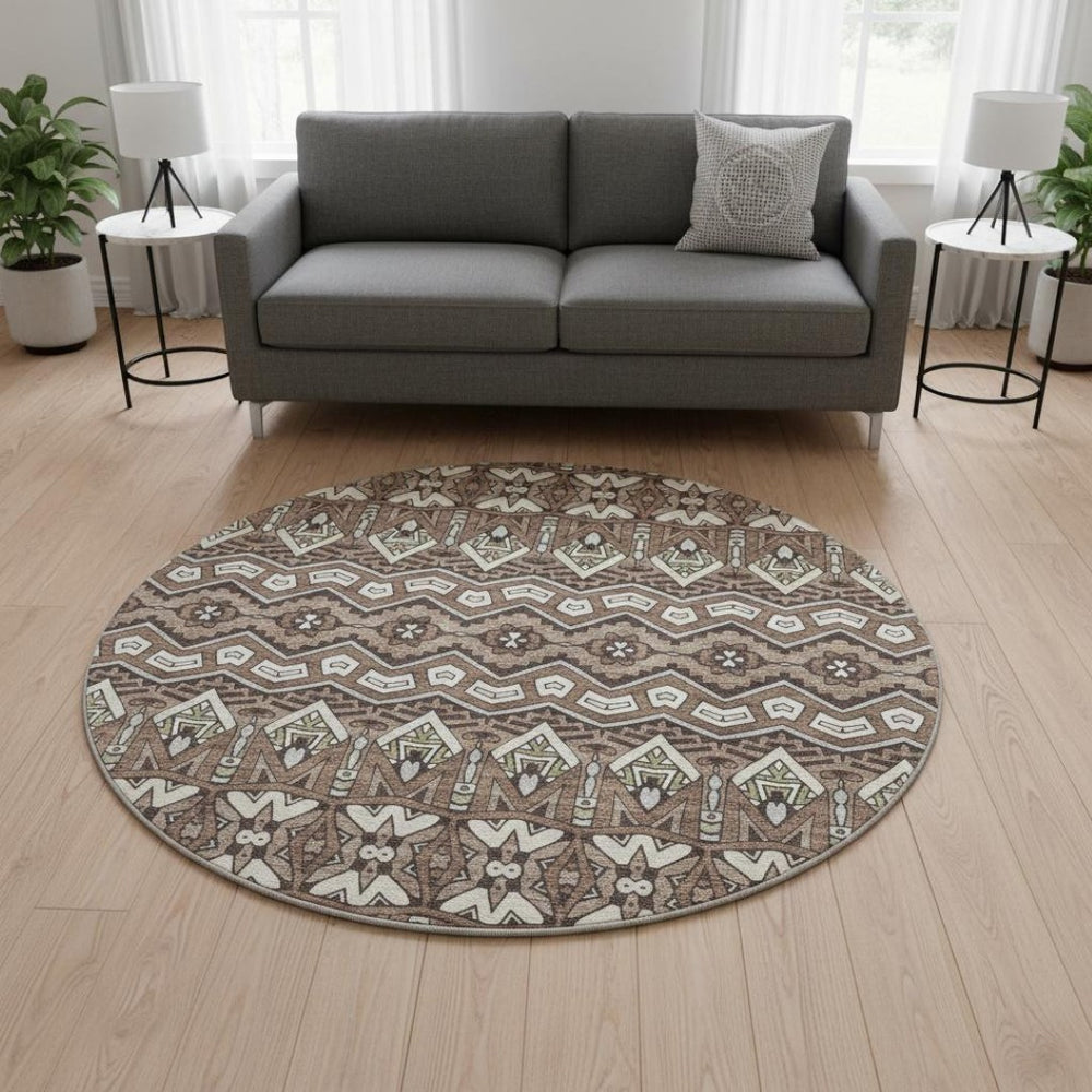 HomeRoots 8' Brown And Beige Moroccan Round Rug - Washable, UV Protected, Durable & Ideal for Busy Homes 672251