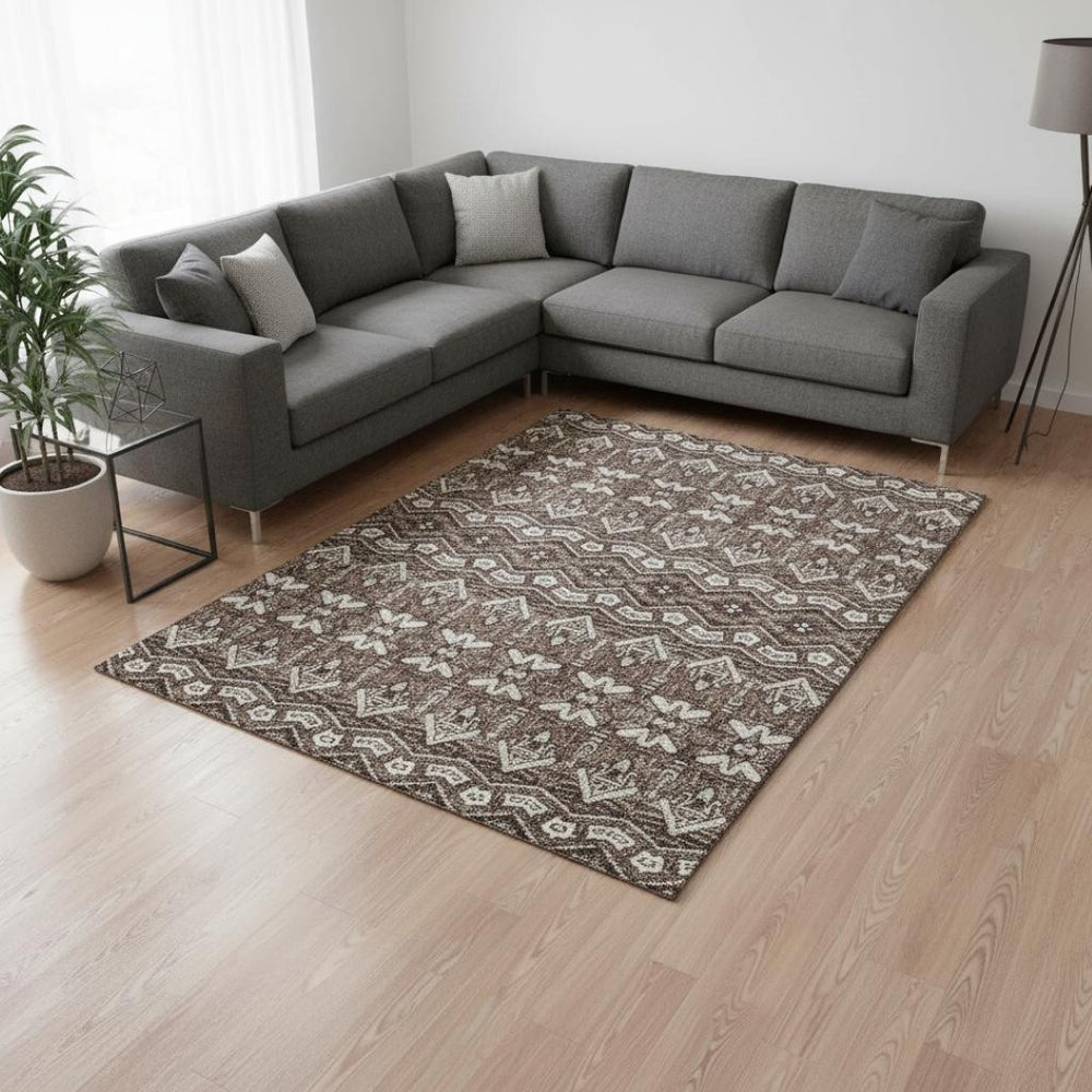 HomeRoots 8' X 10' Moroccan Washable Area Rug in Brown & Beige - Stain Resistant, UV Protected, Soft & Durable 672252