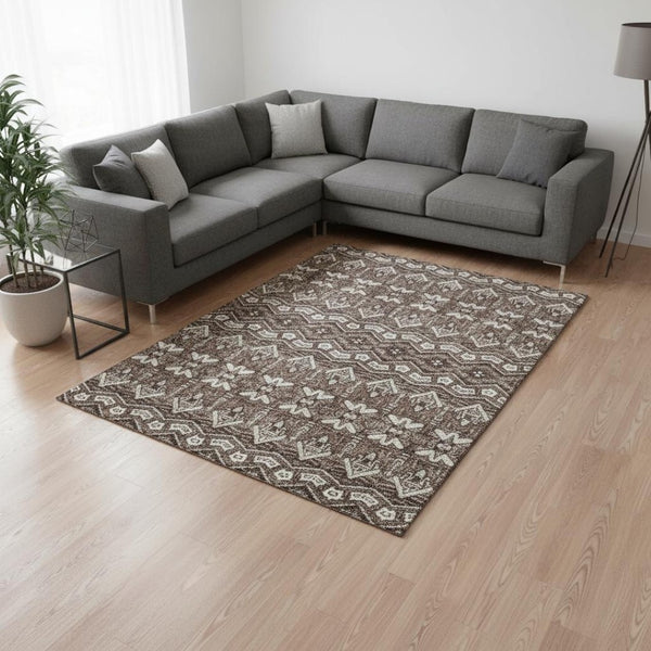 HomeRoots 8' X 10' Moroccan Washable Area Rug in Brown & Beige - Stain Resistant, UV Protected, Soft & Durable 672252