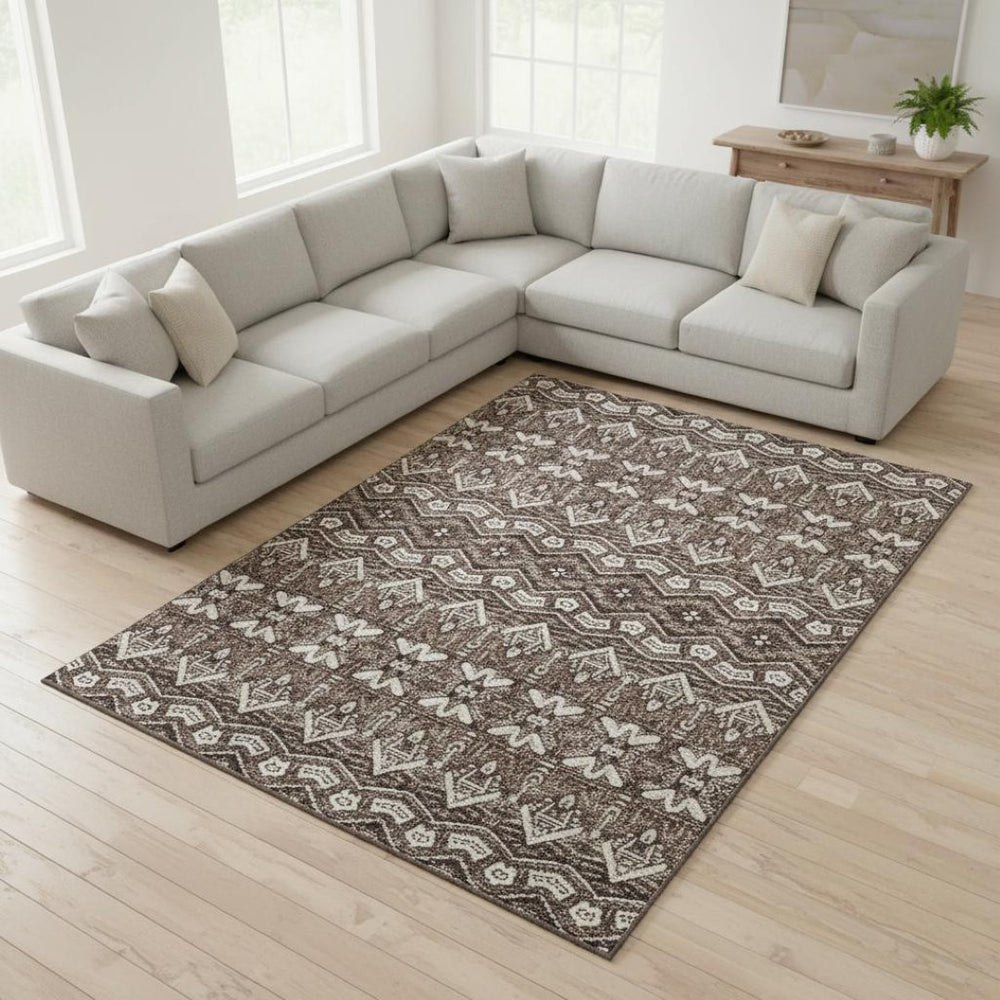 HomeRoots 9' X 12' Moroccan-Inspired Washable Area Rug in Brown & Beige - UV Protected, Stain-Resistant Design 672253
