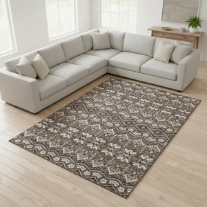 HomeRoots 9' X 12' Moroccan-Inspired Washable Area Rug in Brown & Beige - UV Protected, Stain-Resistant Design 672253