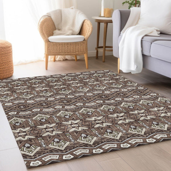 HomeRoots 9' X 12' Moroccan-Inspired Washable Area Rug in Brown & Beige - UV Protected, Stain-Resistant Design 672253