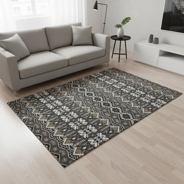 HomeRoots 5' x 8' Charcoal & Ivory Moroccan Area Rug - Durable, Washable, UV Protected for Family Homes & Decor 672256