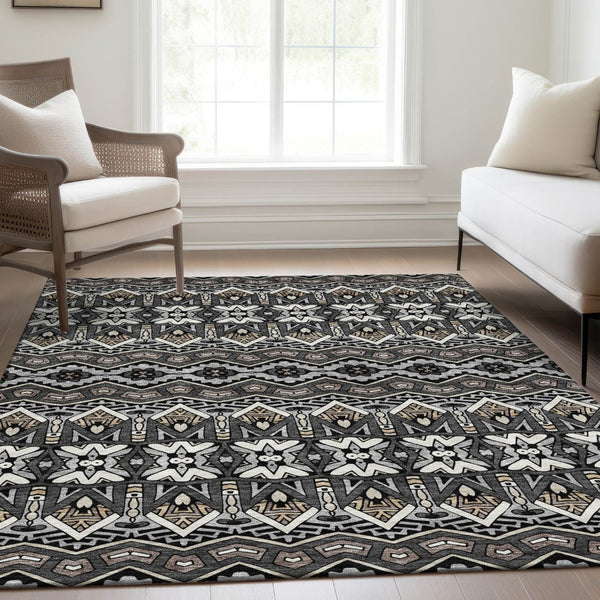 HomeRoots 5' x 8' Charcoal & Ivory Moroccan Area Rug - Durable, Washable, UV Protected for Family Homes & Decor 672256
