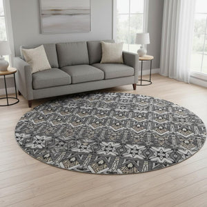 HomeRoots 8' Charcoal and Ivory Moroccan Round Rug – Durable, Washable, UV-Protected for Indoor/Outdoor Use 672257