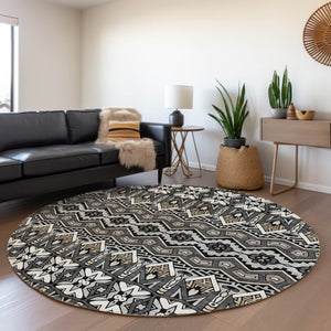 HomeRoots 8' Charcoal and Ivory Moroccan Round Rug – Durable, Washable, UV-Protected for Indoor/Outdoor Use 672257