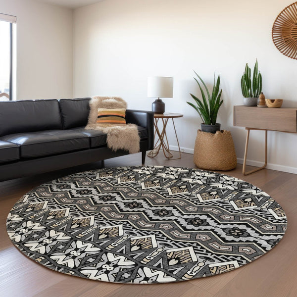 HomeRoots 8' Charcoal and Ivory Moroccan Round Rug – Durable, Washable, UV-Protected for Indoor/Outdoor Use 672257