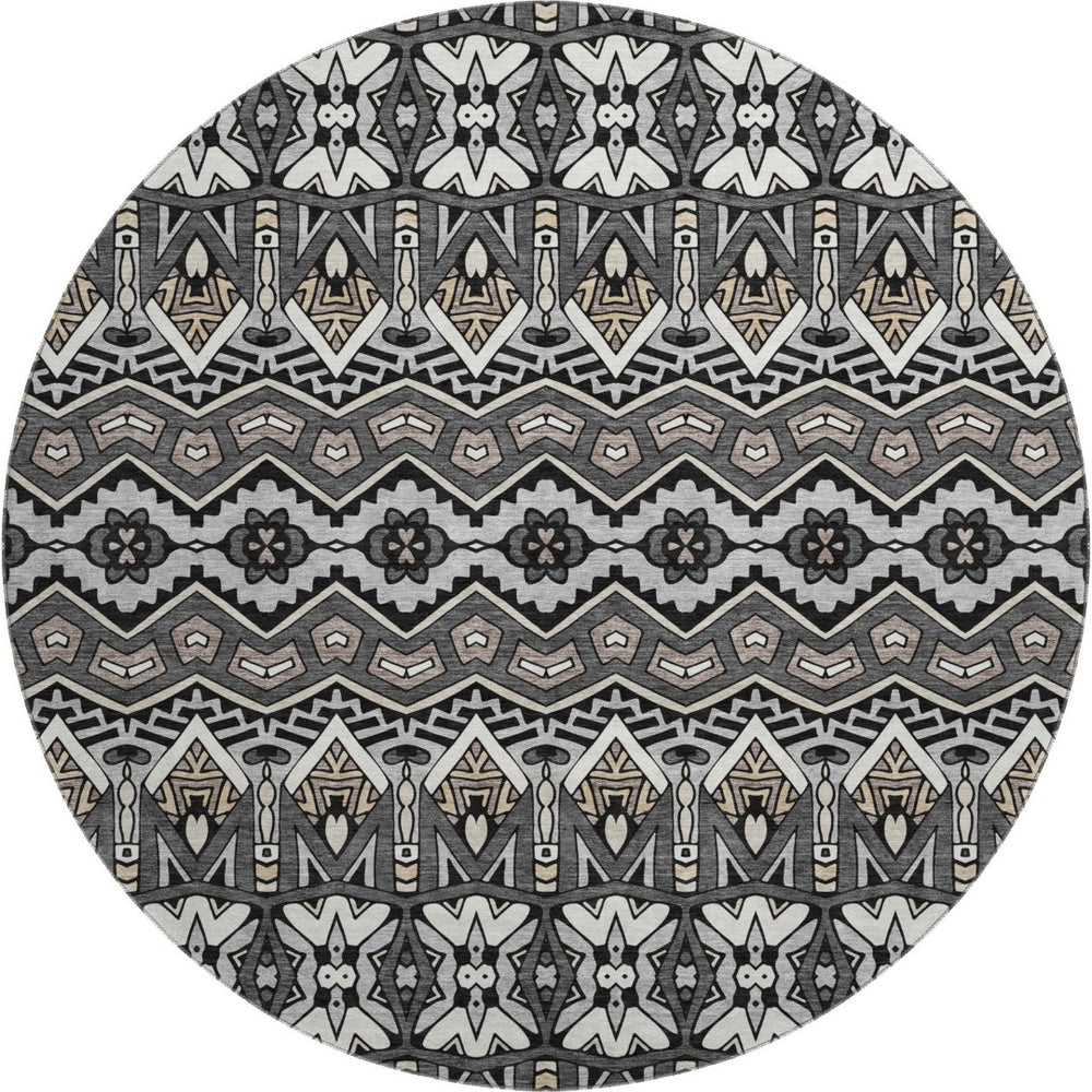 HomeRoots 8' Charcoal and Ivory Moroccan Round Rug – Durable, Washable, UV-Protected for Indoor/Outdoor Use 672257