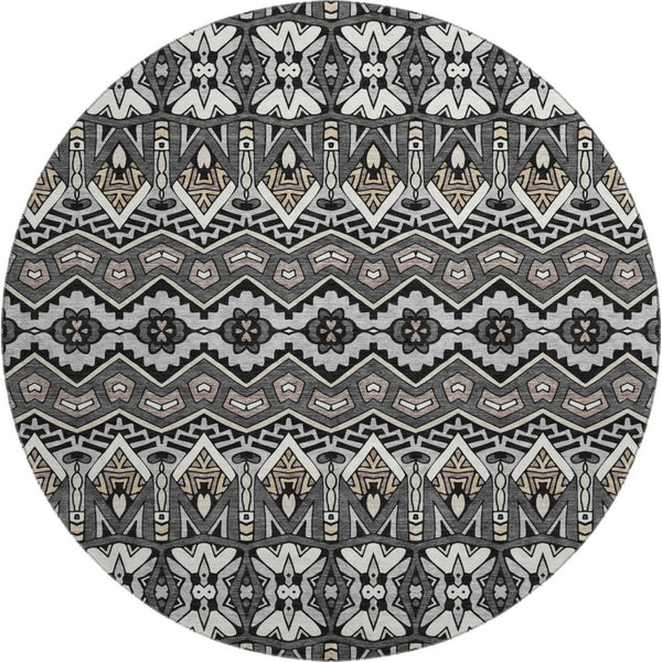 HomeRoots 8' Charcoal and Ivory Moroccan Round Rug – Durable, Washable, UV-Protected for Indoor/Outdoor Use 672257