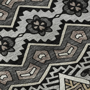 HomeRoots 8' Charcoal and Ivory Moroccan Round Rug – Durable, Washable, UV-Protected for Indoor/Outdoor Use 672257