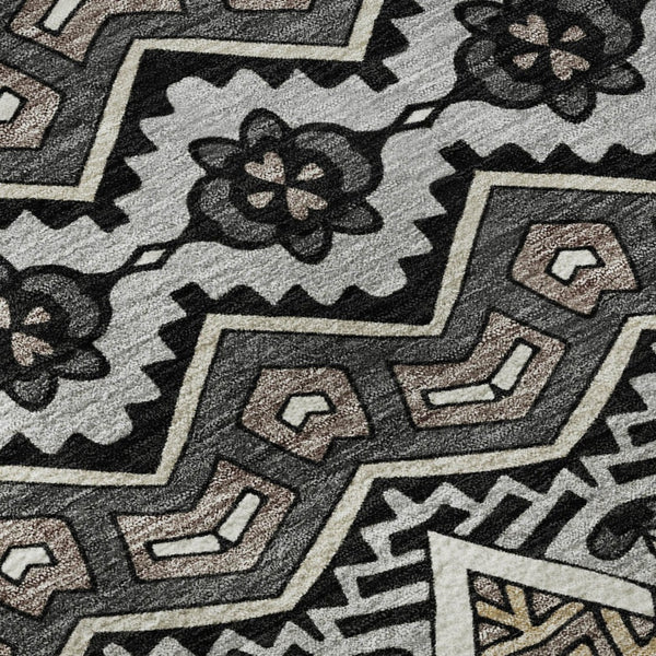 HomeRoots 8' Charcoal and Ivory Moroccan Round Rug – Durable, Washable, UV-Protected for Indoor/Outdoor Use 672257