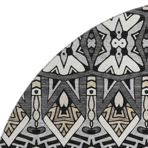 HomeRoots 8' Charcoal and Ivory Moroccan Round Rug – Durable, Washable, UV-Protected for Indoor/Outdoor Use 672257