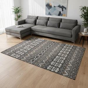 HomeRoots 8' X 10' Charcoal & Ivory Moroccan Area Rug - Washable, UV Protected, Stylish for High-Traffic Spaces 672258