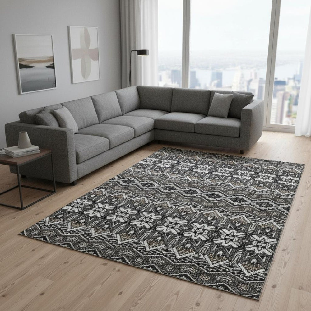 HomeRoots 9' X 12' Charcoal Ivory Moroccan Washable Area Rug - Durable, Stain-Resistant, UV Protected Design! 672259