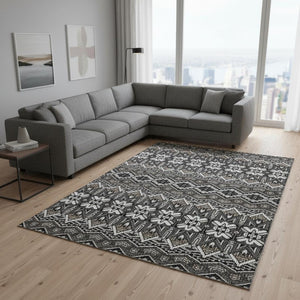 HomeRoots 9' X 12' Charcoal Ivory Moroccan Washable Area Rug - Durable, Stain-Resistant, UV Protected Design! 672259