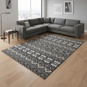 HomeRoots 10' X 14' Charcoal Ivory Moroccan Area Rug – Washable, UV Protected, Durable for Busy Homes & Kids 672260