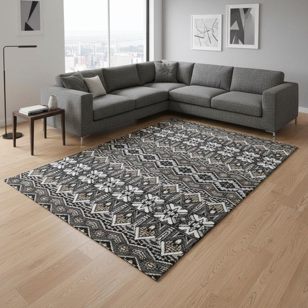HomeRoots 10' X 14' Charcoal Ivory Moroccan Area Rug – Washable, UV Protected, Durable for Busy Homes & Kids 672260