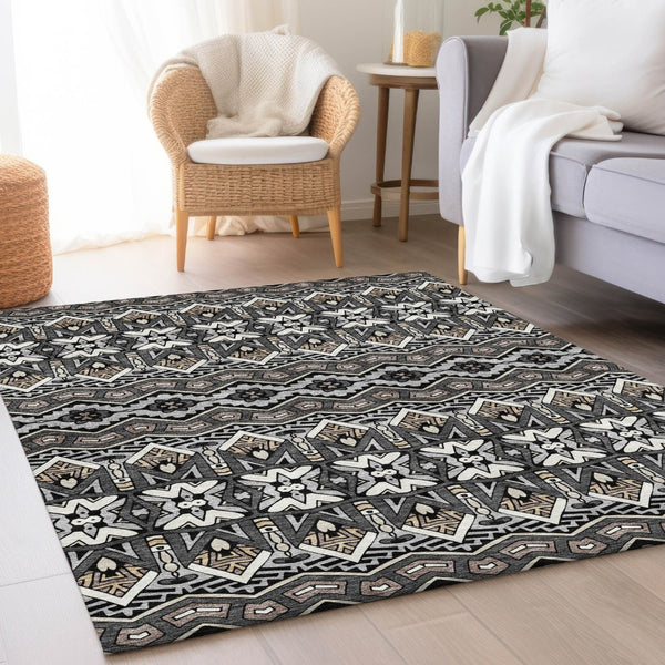 HomeRoots 10' X 14' Charcoal Ivory Moroccan Area Rug – Washable, UV Protected, Durable for Busy Homes & Kids 672260