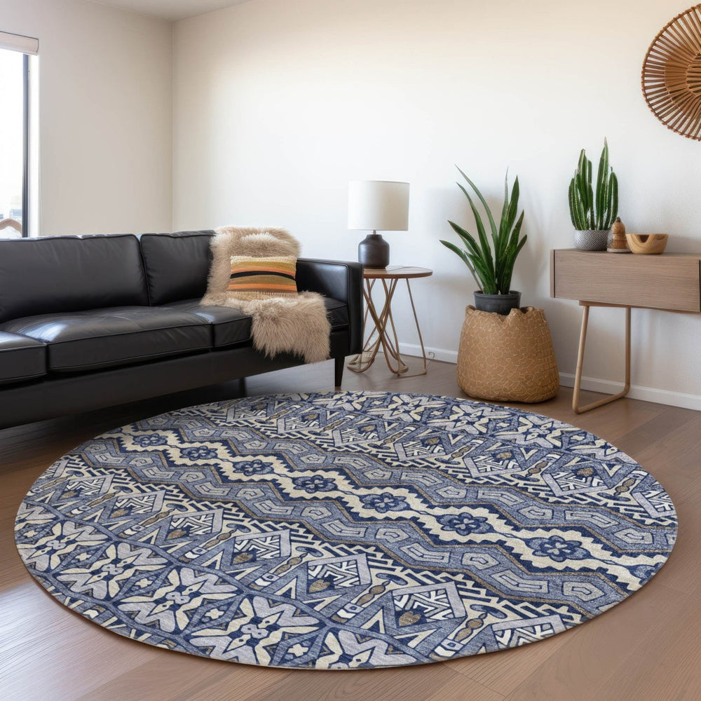 HomeRoots 8' Denim Blue and Silver Moroccan Round Rug - Washable, UV-Protected, Durable for High-Traffic Areas 672263