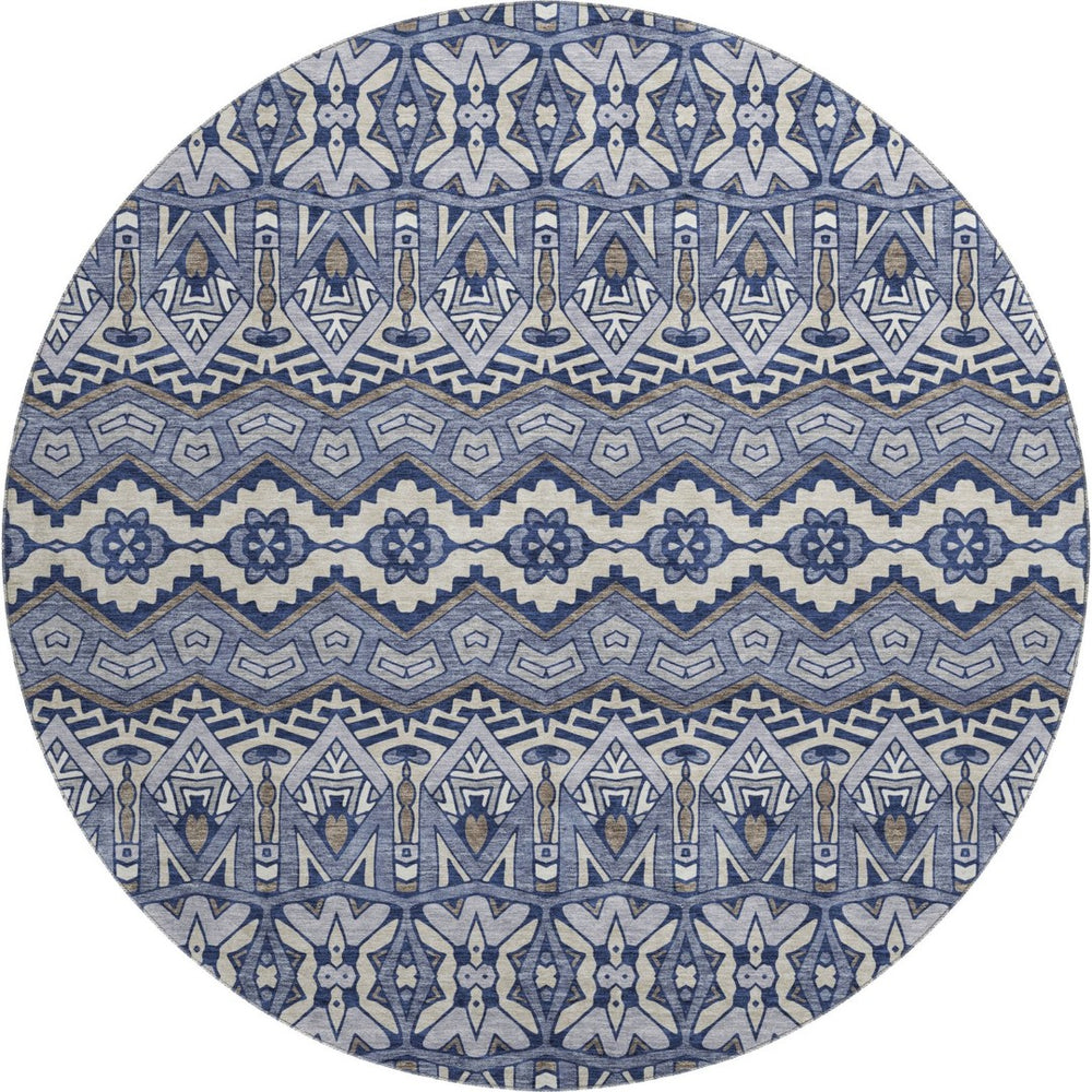 HomeRoots 8' Denim Blue and Silver Moroccan Round Rug - Washable, UV-Protected, Durable for High-Traffic Areas 672263