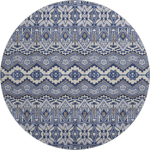 HomeRoots 8' Denim Blue and Silver Moroccan Round Rug - Washable, UV-Protected, Durable for High-Traffic Areas 672263