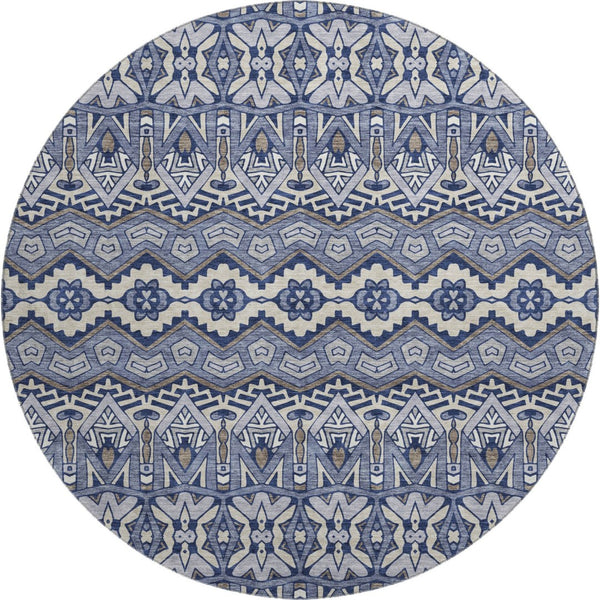 HomeRoots 8' Denim Blue and Silver Moroccan Round Rug - Washable, UV-Protected, Durable for High-Traffic Areas 672263