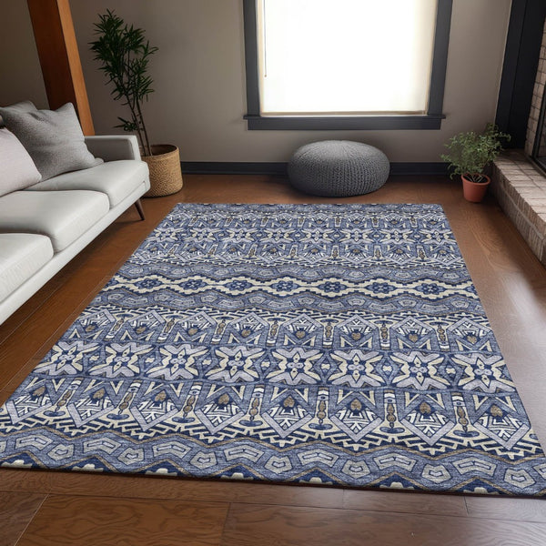 HomeRoots 8' X 10' Denim Blue & Silver Moroccan Area Rug - Washable, Stain Resistant & UV Protected for Homes 672264