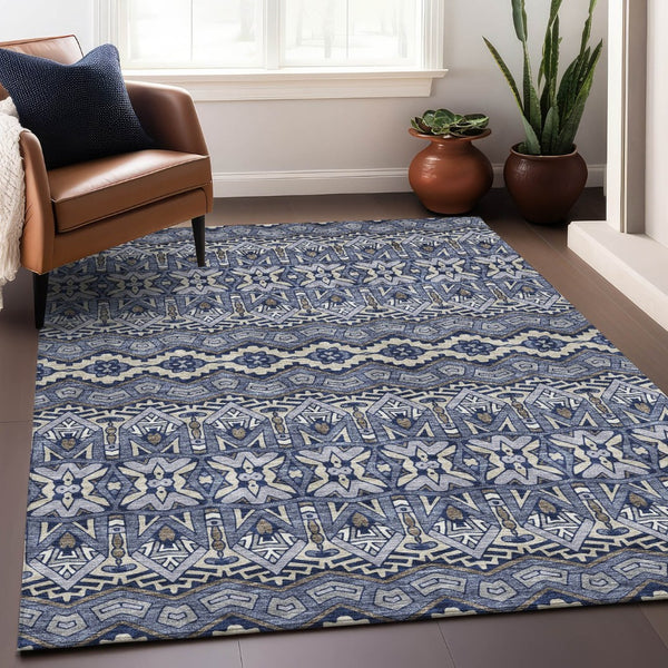 HomeRoots 9' X 12' Denim Blue & Silver Moroccan Area Rug – Washable, UV-Protected, Durable & Stylish Design 672265
