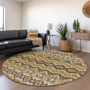 HomeRoots 8' Gold Brown and Ivory Moroccan Round Rug – Washable, UV Protected, Stain Resistant for Homes 672269