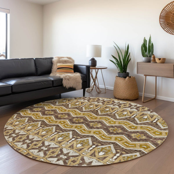 HomeRoots 8' Gold Brown and Ivory Moroccan Round Rug – Washable, UV Protected, Stain Resistant for Homes 672269