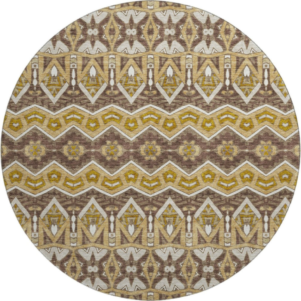 HomeRoots 8' Gold Brown and Ivory Moroccan Round Rug – Washable, UV Protected, Stain Resistant for Homes 672269