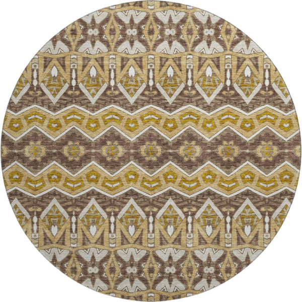 HomeRoots 8' Gold Brown and Ivory Moroccan Round Rug – Washable, UV Protected, Stain Resistant for Homes 672269