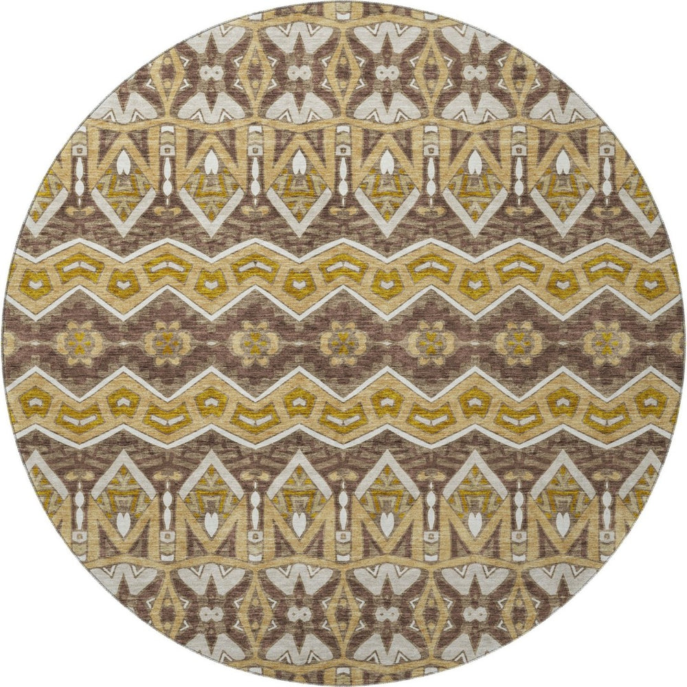 HomeRoots 8' Gold Brown and Ivory Moroccan Round Rug – Washable, UV Protected, Stain Resistant for Homes 672269
