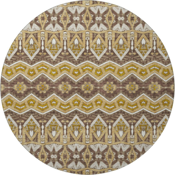 HomeRoots 8' Gold Brown and Ivory Moroccan Round Rug – Washable, UV Protected, Stain Resistant for Homes 672269