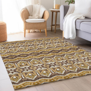 HomeRoots 9' X 12' Moroccan Washable Area Rug in Gold Brown & Ivory – Stylish, Durable, UV Protected Design 672271
