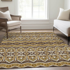 HomeRoots 9' X 12' Moroccan Washable Area Rug in Gold Brown & Ivory – Stylish, Durable, UV Protected Design 672271