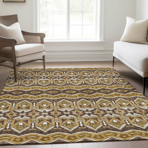 HomeRoots 9' X 12' Moroccan Washable Area Rug in Gold Brown & Ivory – Stylish, Durable, UV Protected Design 672271
