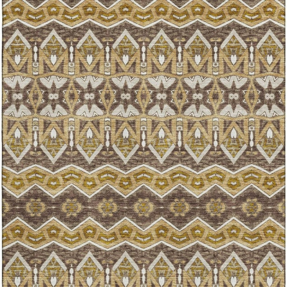 HomeRoots 9' X 12' Moroccan Washable Area Rug in Gold Brown & Ivory – Stylish, Durable, UV Protected Design 672271