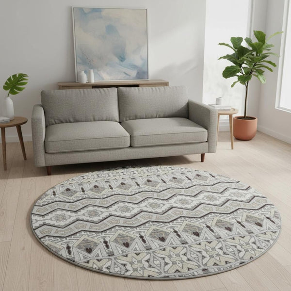 HomeRoots 8' Gray Ivory And Beige Moroccan Round Rug - Washable, UV Protected, Ideal for Kids & Pets! 672275