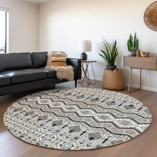 HomeRoots 8' Gray Ivory And Beige Moroccan Round Rug - Washable, UV Protected, Ideal for Kids & Pets! 672275