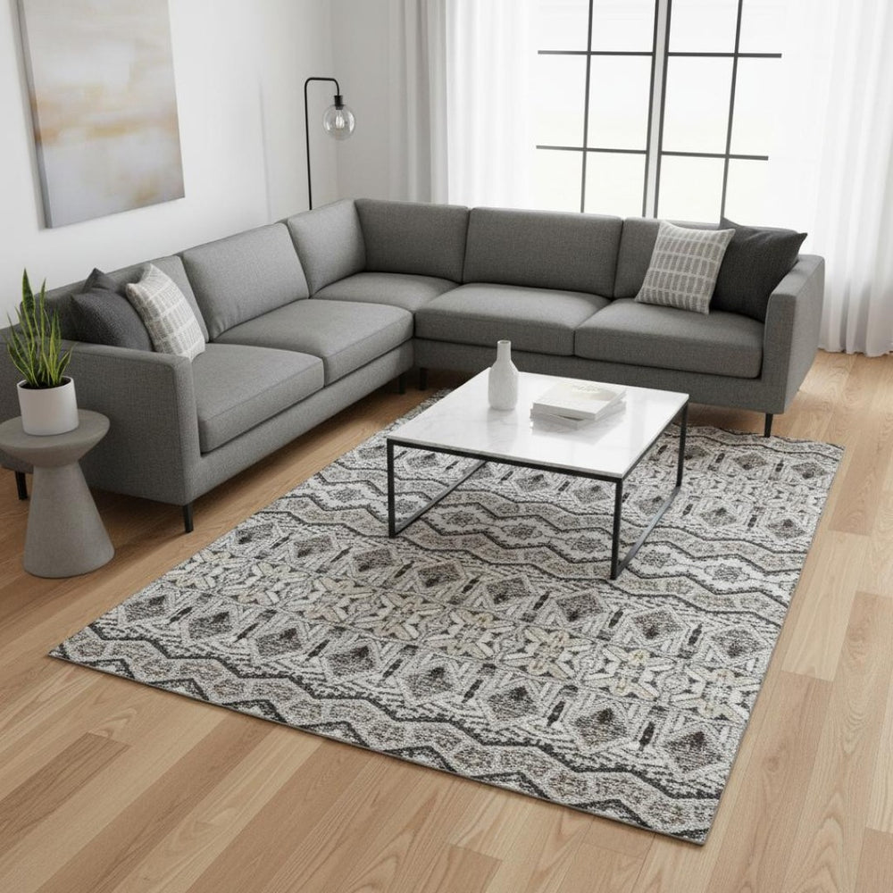 HomeRoots 9' X 12' Gray Ivory and Beige Moroccan Washable Area Rug - Durable, Stylish, UV Protected Elegance 672277