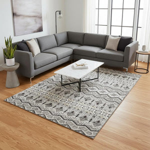 HomeRoots 10' X 14' Washable Moroccan Area Rug in Gray, Ivory & Beige - UV Protected, Stain Resistant Design 672278