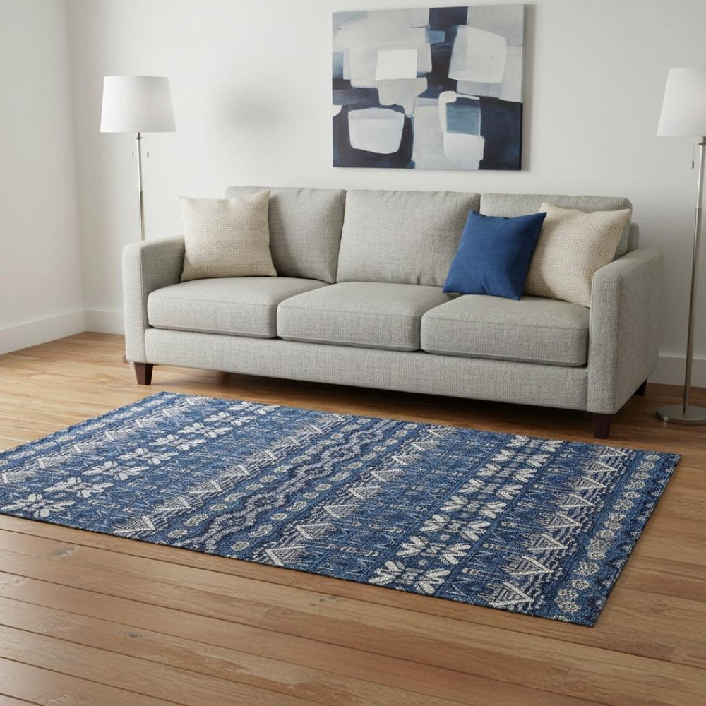 HomeRoots 5' X 8' Moroccan-Inspired Navy Blue Area Rug with Stain Resistance & UV Protection for Homes 672280