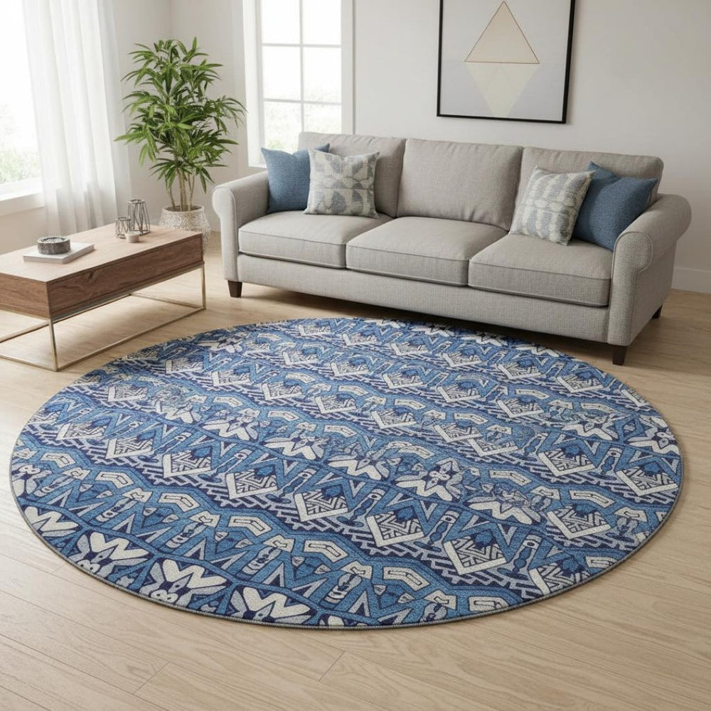 HomeRoots 8' Moroccan Washable Round Rug in Navy Blue, Ivory & Beige - Durable, UV-Protected, Easy Care Design 672281