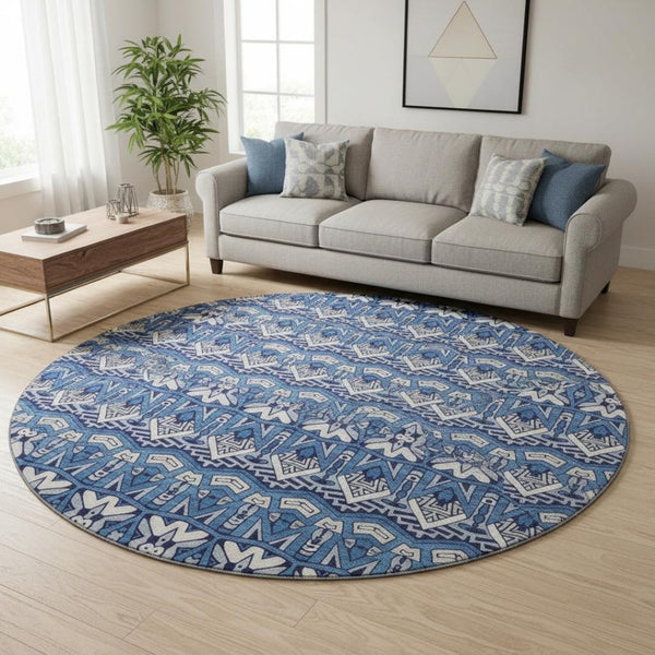 HomeRoots 8' Moroccan Washable Round Rug in Navy Blue, Ivory & Beige - Durable, UV-Protected, Easy Care Design 672281