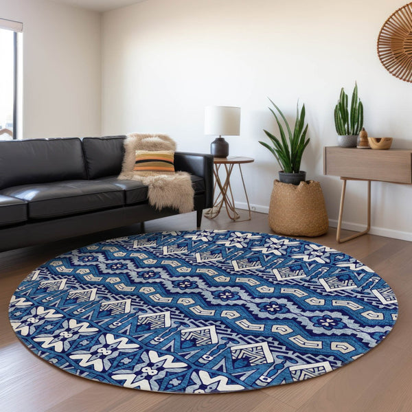 HomeRoots 8' Moroccan Washable Round Rug in Navy Blue, Ivory & Beige - Durable, UV-Protected, Easy Care Design 672281
